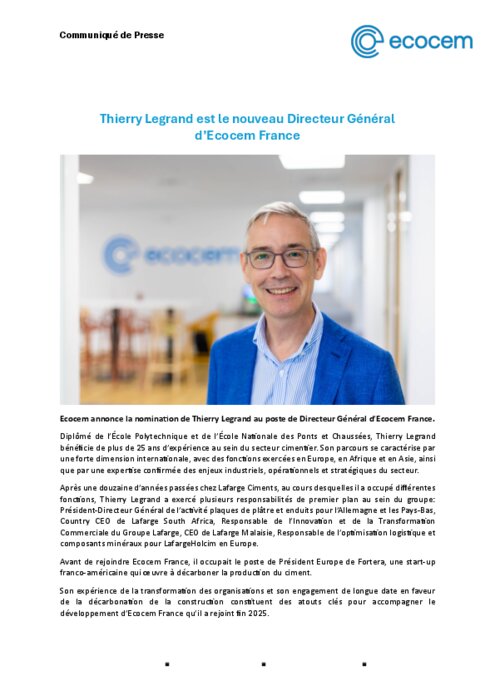 Thierry Legrand, Polytechnicien et ancien de Lafarge et Fortera, rejoint Ecocem pour booster son expansion industrielle en France
